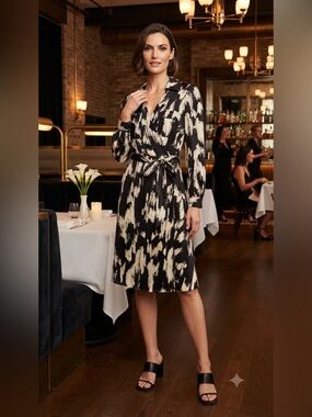 DKNY Black and Cream Printed Wrap Dress - Long Sleeve Shirt Style